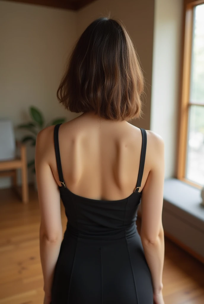 Ultra High Quality、Back view、Japanese、18-year-old、(Hostess)、Brown Hair、private、Off-shot、(Living Style:1.3)、(Selfie:1.3)、Selphy、(1 person)、(slender:1.2)、(Black camisole:1.3)