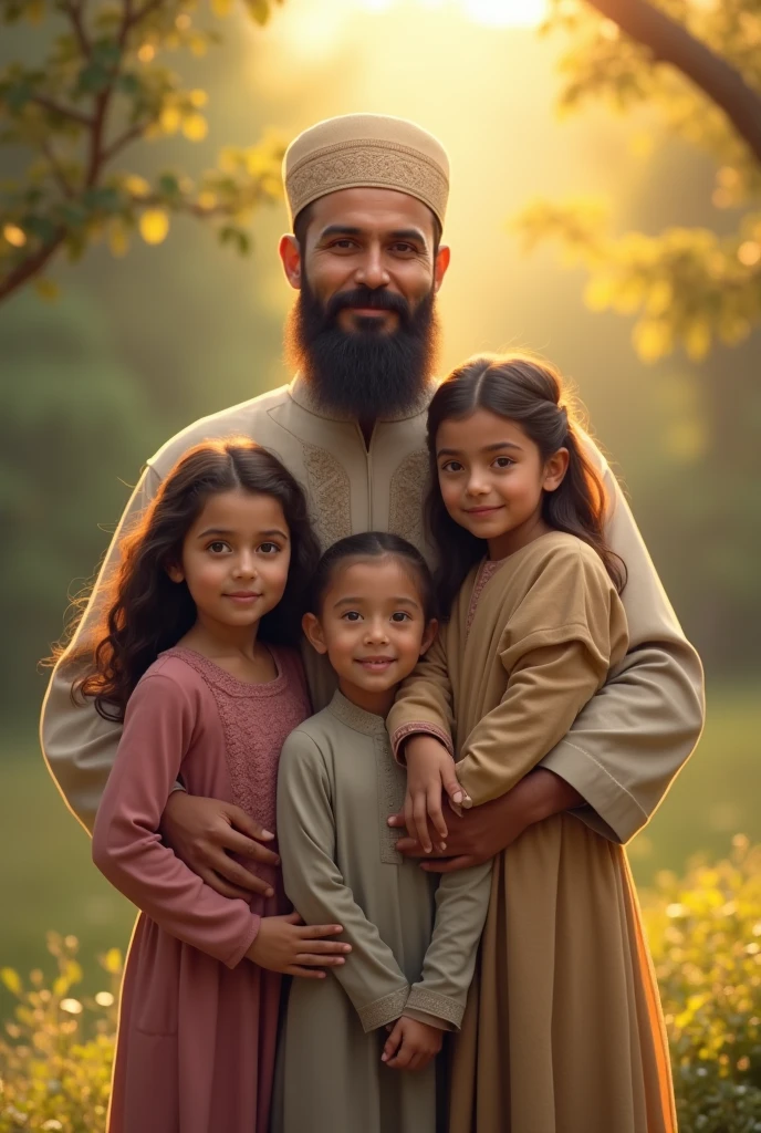 A 38 years old Muslim man with beard wearing a Muslim cap with his three daughters age of  7 and 1 years 