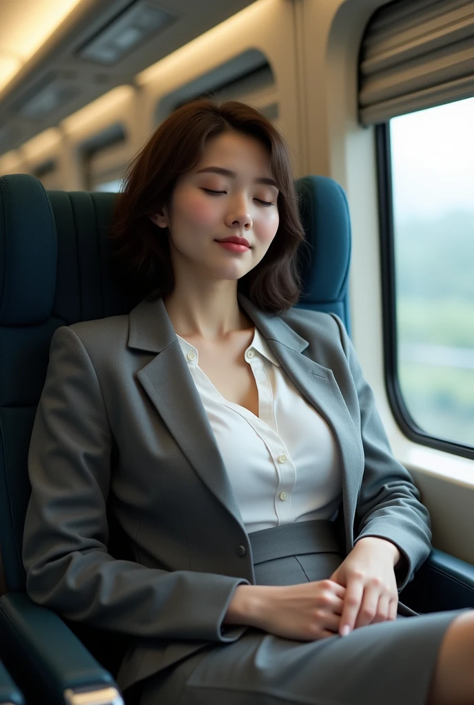 (highest quality, 8k, 32k, masterpiece, Ultra-high resolution:1.2),Beautiful Japanese Women Photos, 30 years old, alone、Married Woman、(Medium short dark brown hair), ((Sleeping in a Shinkansen seat, Look down、Close ~ eyes, Unconscious、front)), ((Grey pencil skirt, Grey business jacket, White Business Shirt))、Large Breasts