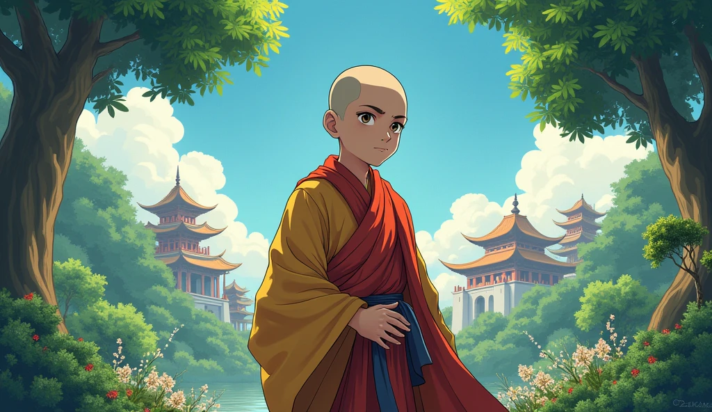 Young monk student standing, angry, thinking, surrounded by tree, temples, greenary, in anime style,