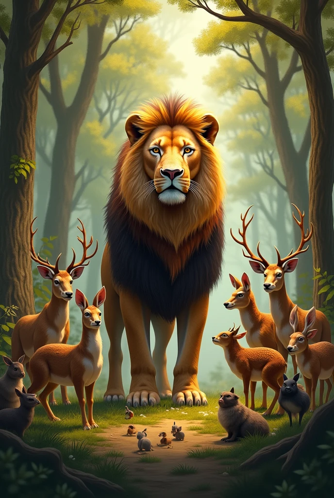 Picture of a lion in that picture all animals of forest come together
