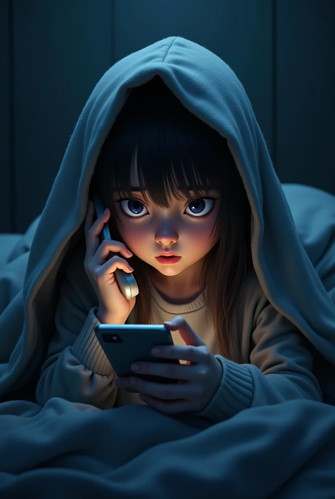 Girl talking in phone with trembling voice in the night with blanket on her