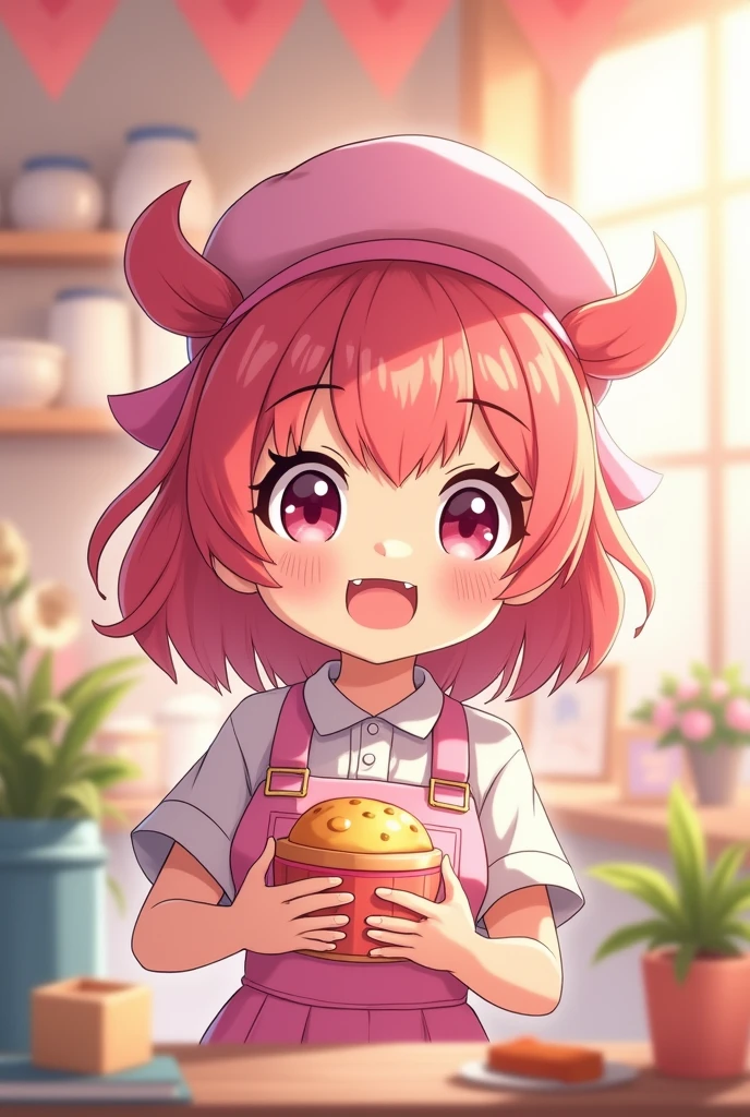 Anime character design, TikTok shop mascot, energetic expression, large eyes, body, slightly busty, wearing a cute shop apron, holding a product, pastel colors, soft lighting, anime style