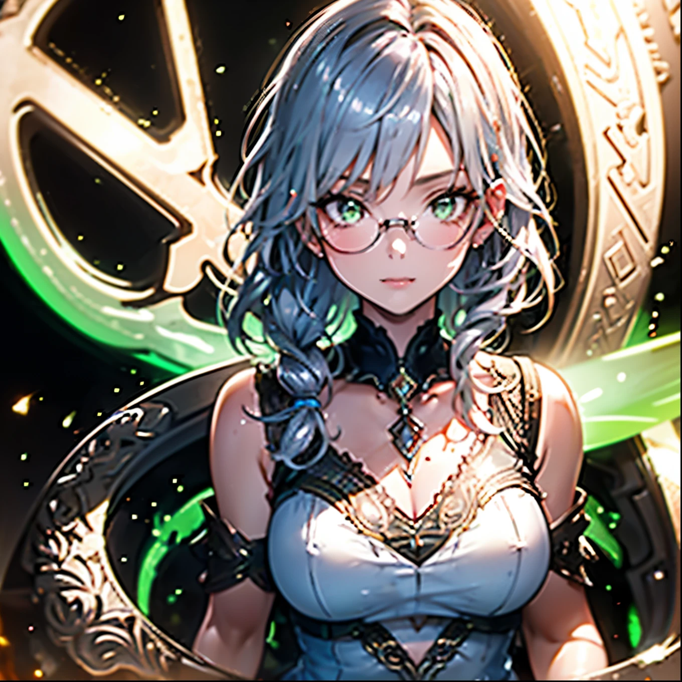 Highest quality, masterpiece, best definition, artwork, super detailed, many detailed, detailed, detailed, woman, 20 years, whole body, whole body, Night dress, super detailed dress, Long dress, dress with many Frills, dress with many ribbons, pink bows, Victorian dress, detailed Victorian dress, Victorian dress with bows, pink, Frills, Perfect Skin, whole body, Glasses, Green Eyes