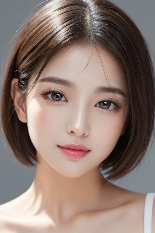 High-quality, ultra-realistic portraits。She has a well-balanced face、((The face shape can be either oval or round.))。(Eyes are gentle、Has a natural glow、The nose is well-groomed、Lips are plump and naturally colored)。The skin is transparent、Has a healthy glow。((Short Hair:1.3))。Makeup is natural、Use a light foundation、The bright lip colour adds a fun touch.。The lighting is soft and natural.、Accentuating facial features、Does not emphasize shadows。The background is simple and has a blurred gradient.、Focus on the face。