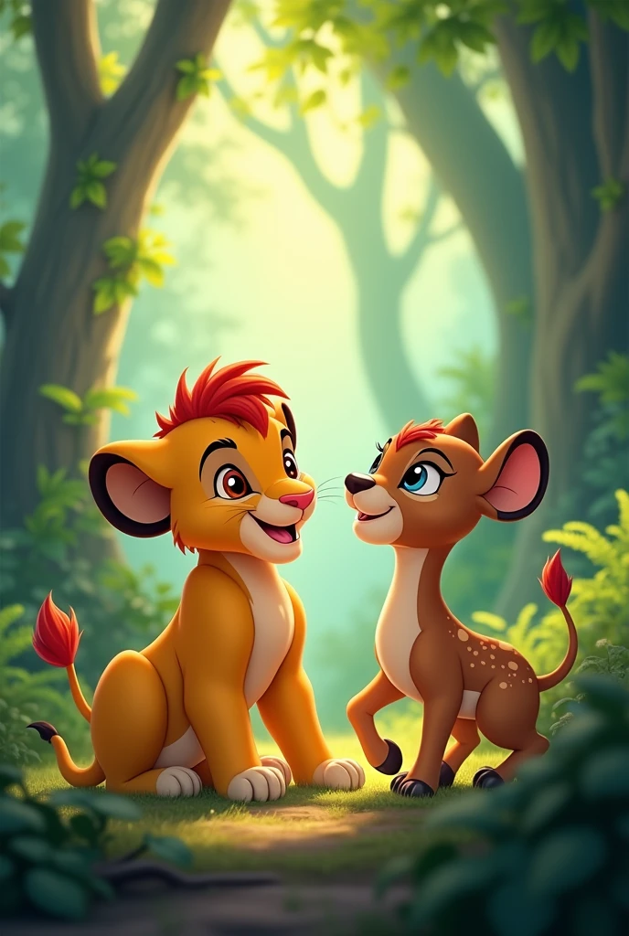 Cute Simba and cute dear playing in jungle