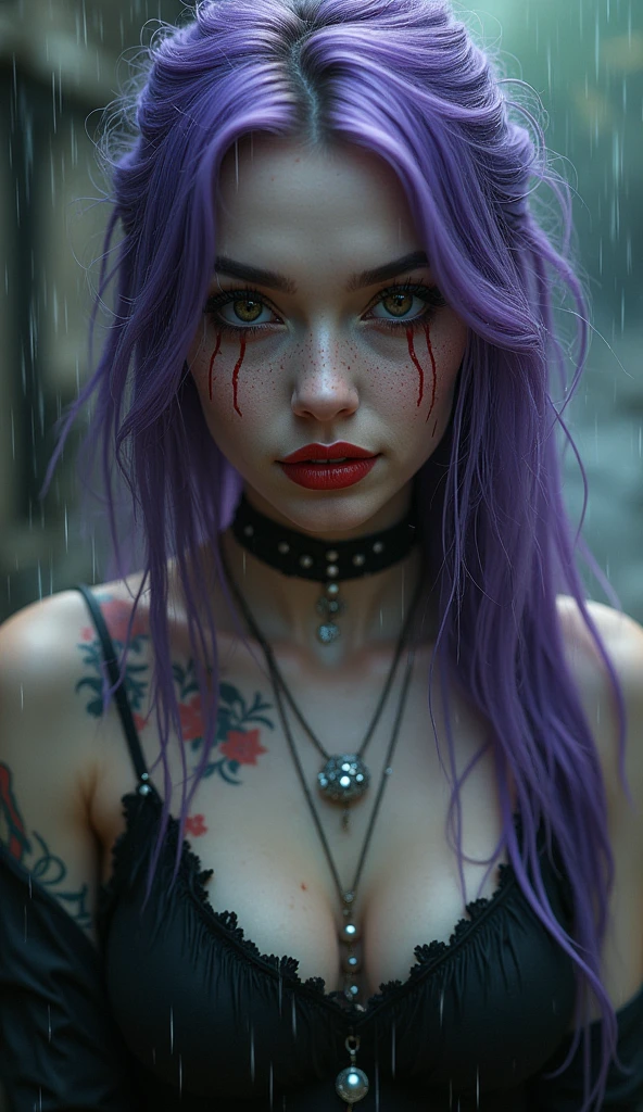 realistic portrait of a 25 year old woman, intense gaze, brown eyes, soft smile, freckles on her face, violet hair, colorful tattoos, horror makeup, eyeliner, thin red lips, black skirt, silver accessories, jewelry silver, rain, storn