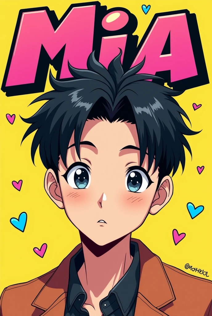 Korean actor Cha Eun Woo in anime with the word Mia above the letters MIA must be pink and yellow with black shadow and colored hearts around it