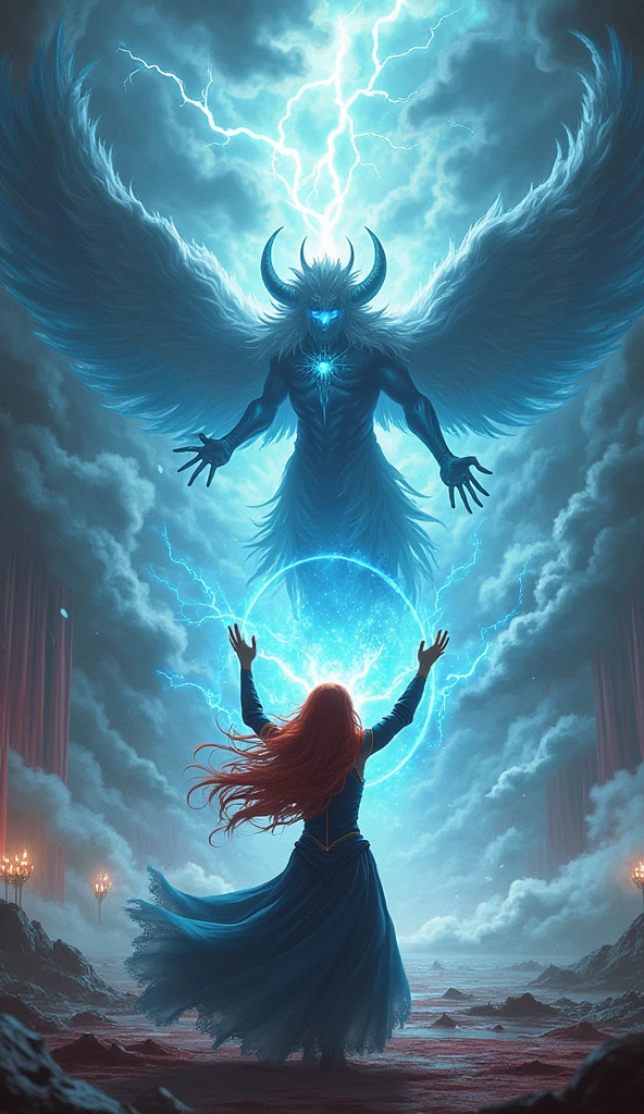 In the heart of the storm-ravaged throne room, Seraphina stands resolutely, her long red hair flowing wildly in the turbulent air. She raises her arms, summoning a powerful wind elemental to the battlefield. The Wind Summon, a majestic and ethereal being of swirling storm clouds and shimmering gales, takes shape before her.
The scene is dominated by the struggle between the Wind Summon and the Lightning Demon. The Lightning Demon, a fearsome figure of crackling electricity and dark clouds, towers over the room. Its body, a roiling mass of lightning and shadow, lashes out with arcs of lightning, but the wind summon is ready.
With a commanding presence, the Wind Summon unleashes a powerful cyclone that sweeps through the room. The demon's movements are hindered as the vortex of wind envelops it, its electrical discharges being absorbed and redirected by the powerful gusts. The demon’s form is buffeted and restrained, its attempts to break free only causing the wind to tighten its grip.
The wind elemental’s glowing eyes focus intently on the demon, its massive wings beating with a force that drives the storm away from Seraphina. The air crackles with energy as the Wind Summon exerts its control, holding the Lightning Demon in place, effectively neutralizing its threat.
Seraphina stands at the center of this dramatic confrontation, her expression one of concentration and calm authority. The room is filled with the powerful clash of elemental forces, with the Wind Summon proving to be a formidable counter to the chaotic power of the Lightning Demon.