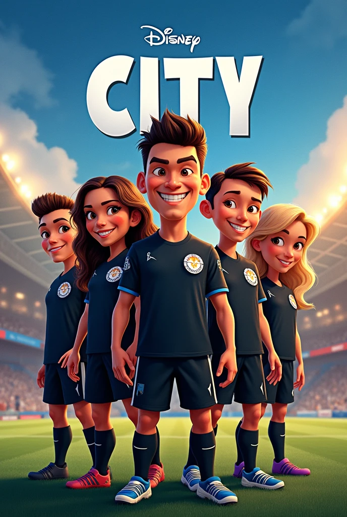 Disney style movie cover of a soccer team with the name of "ILLINOIS CITY" with players in black uniforms with small blue details