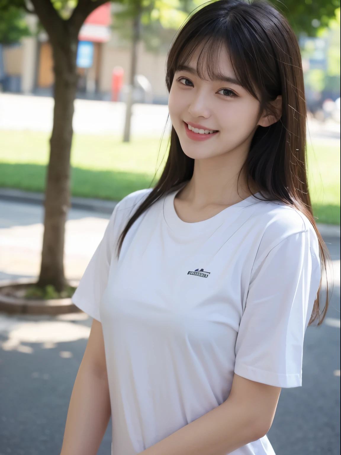 (8k, Top quality, Masterpiece:1.2), (Realistic, photo-realistic:1.37), Super detailed, perfect anatomy, cute, small eyes, 18 years old, a Japanese, girl, short sleeve, big breast, laughing, bangs, outdoor,