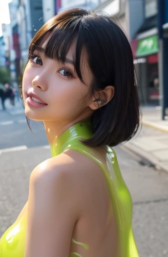 Browsing Caution、最high quality、high quality、Best image quality、8k、最High resolution、High resolution、最high quality、masterpiece、RAW Photos、whole body写真、Detailed and realistic human body、Detailed and realistic skin、Realistic face in every detail、Realistic reproduction of every detail、Detailed and realistic lips、Detailed and realistic teeth、Detailed and realistic ears、Detailed and realistic hair、Detailed and realistic weapons、Realistic reproduction of every detail、Realistic fingers in every detail、(Beautiful Hands、thumb1reference4)、Realistic feet down to the last detail、Realistic breasts down to the last detail、Realistic areola down to the last detail、Realistic nipples down to the last detail、Realistic pussy down to the last detail、Realistic vagina down to the last detail、((Beautiful Japan))、(Japanese Model), (Japanese women)、((18 year old beautiful girl))、(Black Hair)、(Random Hairstyles))、((whole body))、((Upward beautiful breasts))、(Stylish slim style)、(whole body光沢肌、Fair skin)、(Soft natural light)、((Transparent dress made from melted slime(Melted slime fits perfectly on the skin))、((Wearing a dress made of melted slime))、((Melted slime sticks to skin(The lines of the body are clearly visible))、Modern city、walk、Photographed from behind at an angle