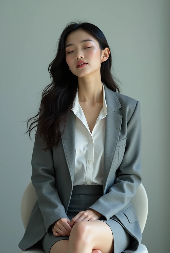 (highest quality, 8k, 32k, masterpiece, Ultra-high resolution:1.2),Beautiful Japanese Women Photos, 30 years old, alone、Married Woman、long wavy hair sit on, 、Close ~ eyes, Unconscious、front)), ((Grey pencil skirt, Grey business jacket, White Business Shirt))、Large Breasts