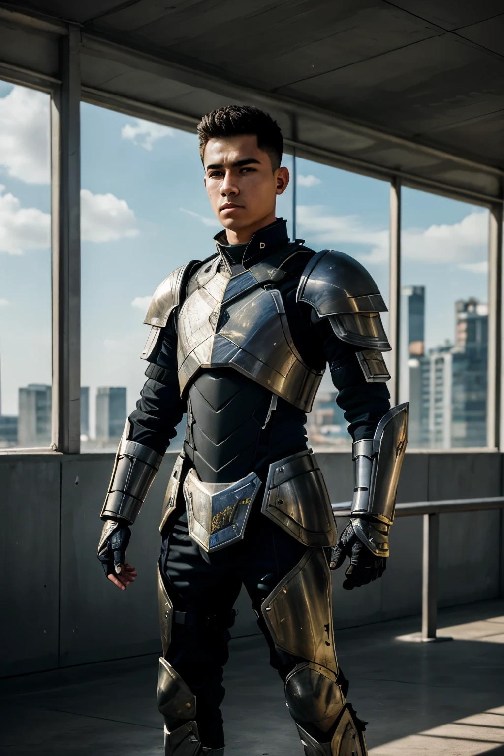 A warrior for alien technology , In dark blue and white mackerel armor suit , dark green Arm armor , white Forearm armor , dark gold Shoulder armor , dark red Chest armor , vogue photography , Inspired by Thai men and cyberpunk。(Best quality,4K,8K,A high resolution,Masterpiece:1.2), (Realistic,Photorealistic,photo-realistic:1.37).