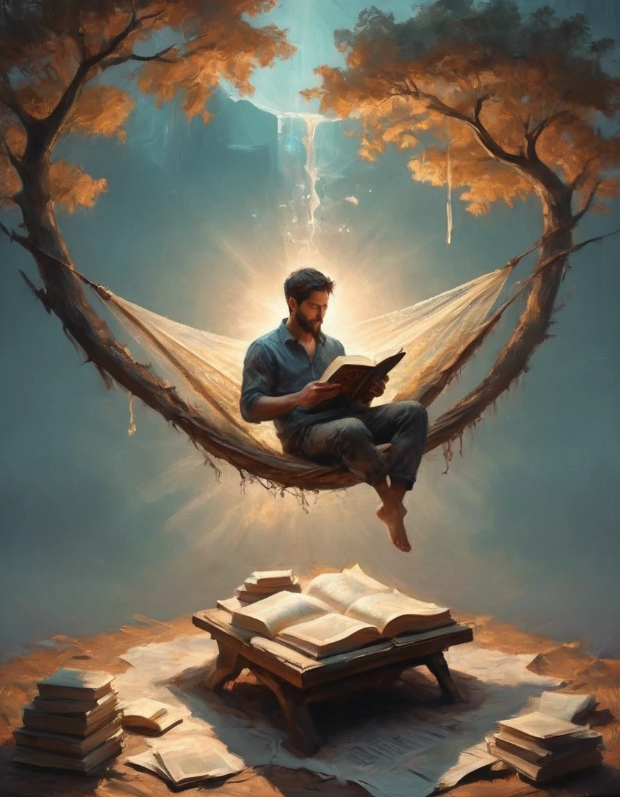 Hyperreal digital art style, "Fairytale", fantasy world coming out of centered book, open book, hyperdetailed double exposure fantasy illustration, masterpiece, cinematic, by Andreas Lie, Luke Gram, photorealism, backlit, gorgeous light, a man resting in a hammock reading a book