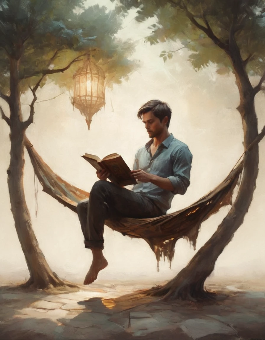 Hyperreal digital art style, "Fairytale", fantasy world coming out of centered book, open book, hyperdetailed double exposure fantasy illustration, masterpiece, cinematic, by Andreas Lie, Luke Gram, photorealism, backlit, gorgeous light, a man resting in a hammock reading a book