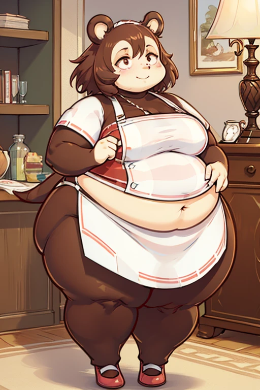 individua，bear ears，brown hair，short hair，brown fur，red pupils，robust，obesity，full，Shorty，maid outfit，living room，daytime，smirk，blush，Akimbo，black shoes