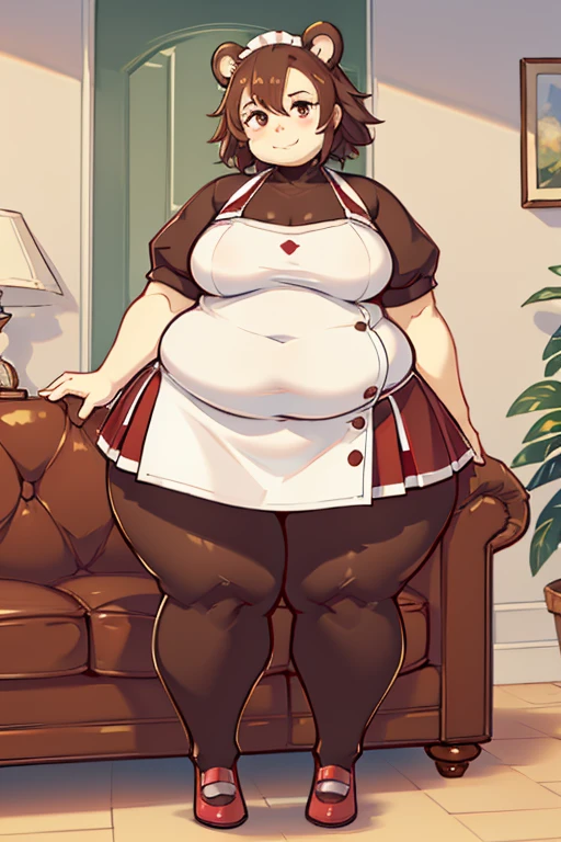 individua，bear ears，brown hair，short hair，brown fur，red pupils，robust，obesity，full，Shorty，maid outfit，living room，daytime，smirk，blush，Akimbo，black shoes