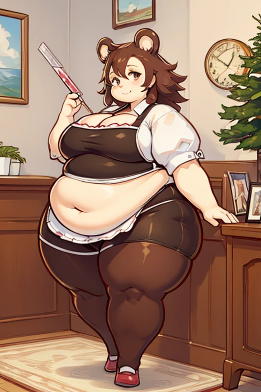 individua，bear ears，brown hair，short hair，brown fur，red pupils，robust，obesity，full，Shorty，maid outfit，living room，daytime，smirk，blush，Akimbo，black shoes