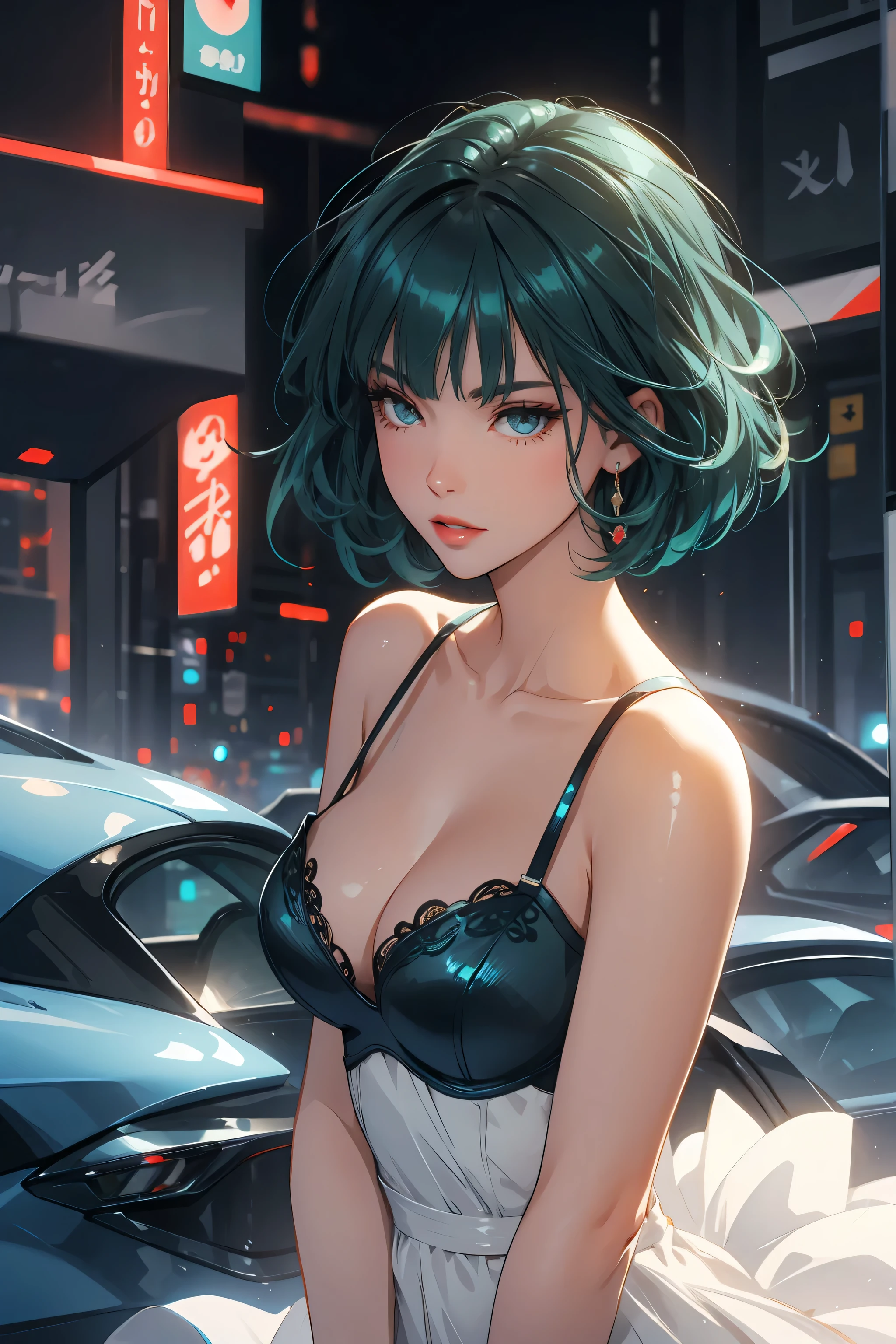 1girl,a beautiful fashion model ,(masterpiece, detailed background, best quality),short and shiny hair, blue green hair, hair with highlights, bangs, smirk,juicy lips,red lips, calmart, lingerie, stripping, elegant makeup, blue eyes, full body shot, (shiny skin), cyberpunk, sci fi, boa, extravagant jewelry, cocky expression, covered in jewelry, fancy, white dress