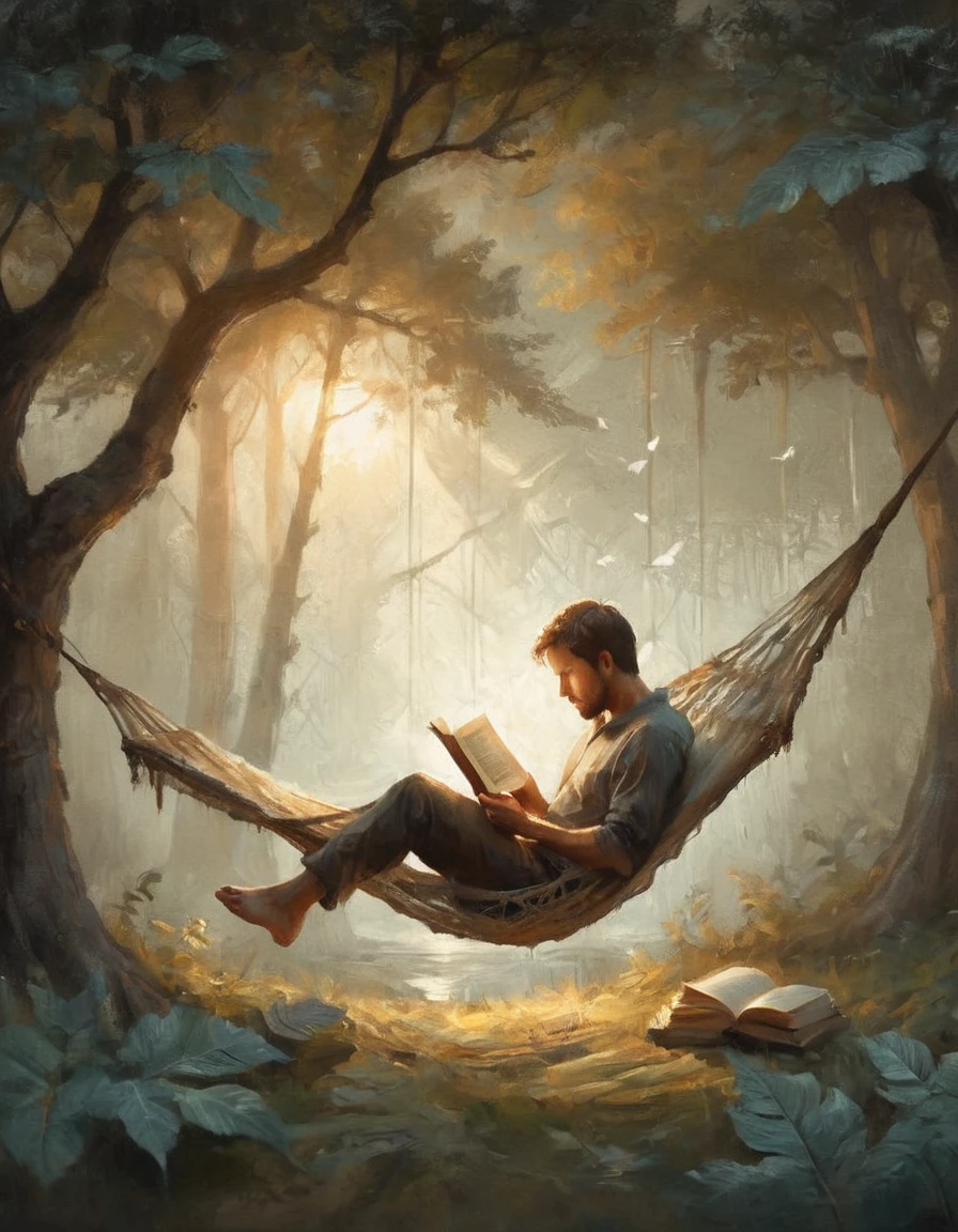 Hyperreal digital art style, "Fairytale", fantasy world coming out of centered book, open book, hyperdetailed double exposure fantasy illustration, masterpiece, cinematic, by Andreas Lie, Luke Gram, photorealism, backlit, gorgeous light, a man resting in a hammock reading a book