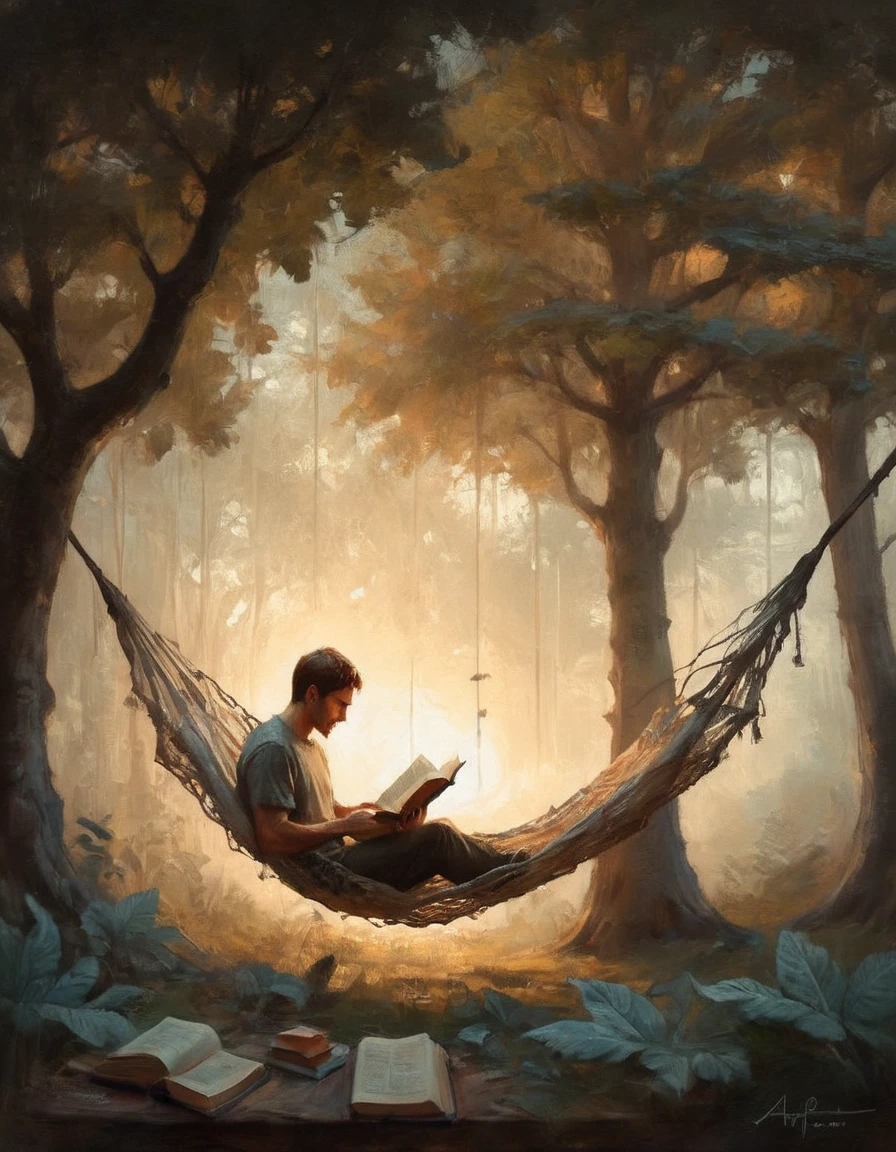 Hyperreal digital art style, "Fairytale", fantasy world coming out of centered book, open book, hyperdetailed double exposure fantasy illustration, masterpiece, cinematic, by Andreas Lie, Luke Gram, photorealism, backlit, gorgeous light, a man resting in a hammock reading a book