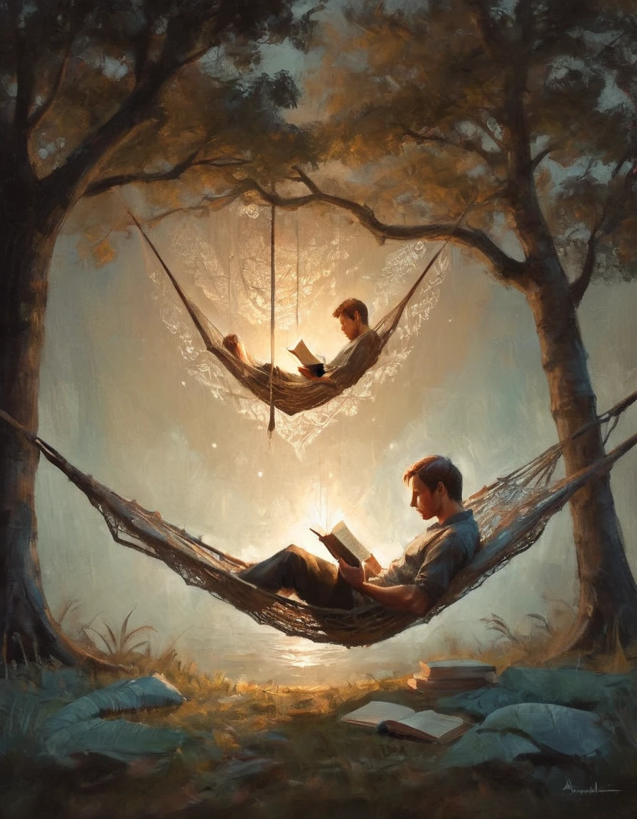 Hyperreal digital art style, "Fairytale", fantasy world coming out of centered book, open book, hyperdetailed double exposure fantasy illustration, masterpiece, cinematic, by Andreas Lie, Luke Gram, photorealism, backlit, gorgeous light, a man resting in a hammock reading a book