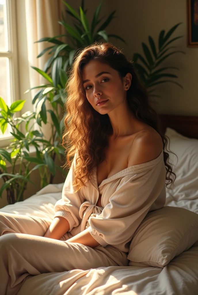 (photorealism:1.2), beautiful woman, sitting on bed, wearing loose off-shoulder top, pajama pants, long curly hair, indoors, soft lighting, plants in background, window with sunlight, cozy room, relaxed pose, realistic, intricate details, warm colors, by Greg Rutkowski, by Alphonse Mucha