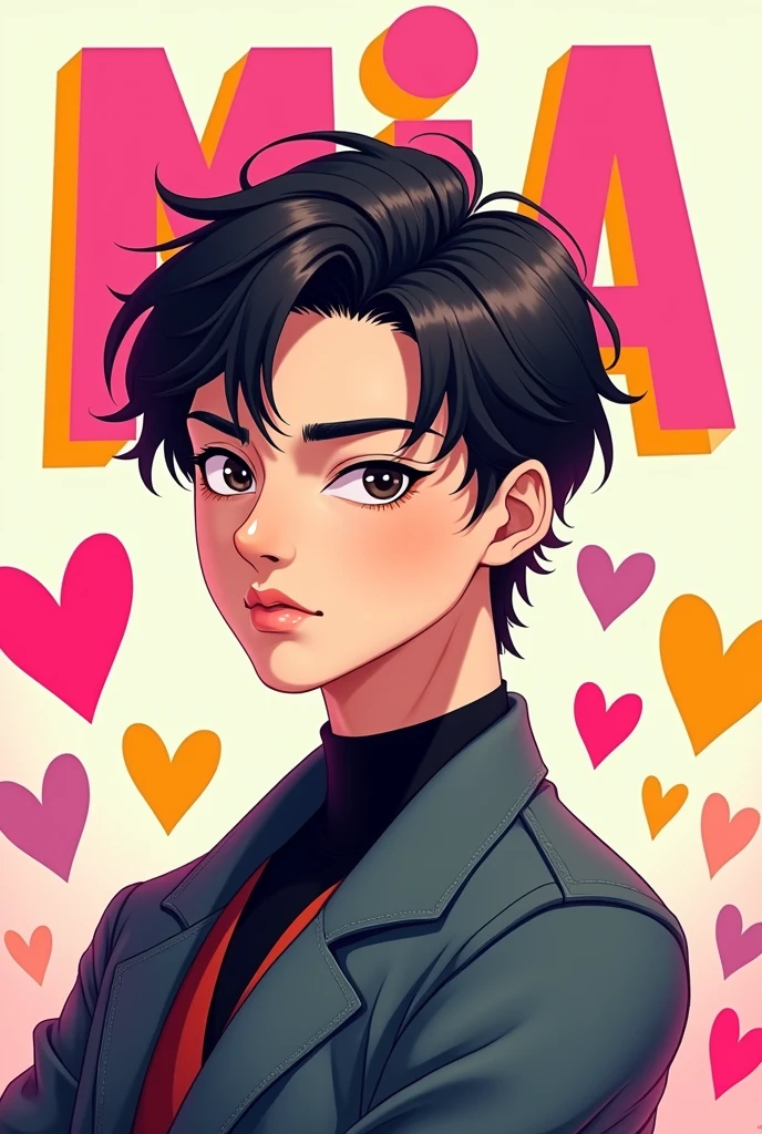 Korean actor Cha Eun Woo in anime with the word Mia above the letters MIA must be pink and yellow with black shadow and colored hearts around it