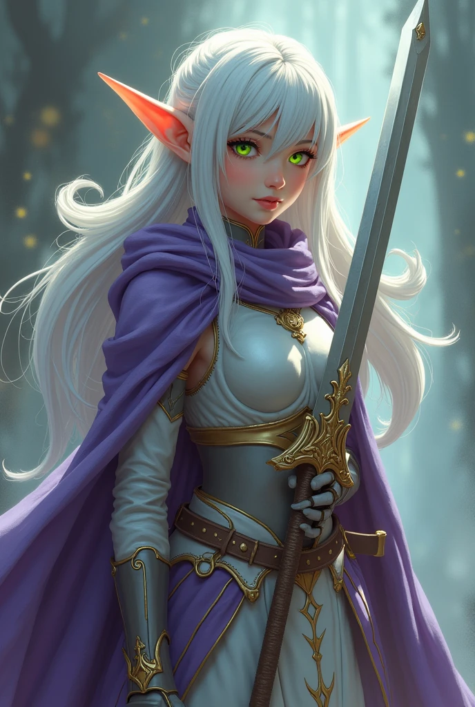 Final Fantasy game theme. Image of a 35 year old white haired elf standing holding her favorite sword.glowing green eyes, He wore light armor in gold and violet., pastel colours, and dramatic tones. A masterpiece with the highest resolution. , Surrealist image type