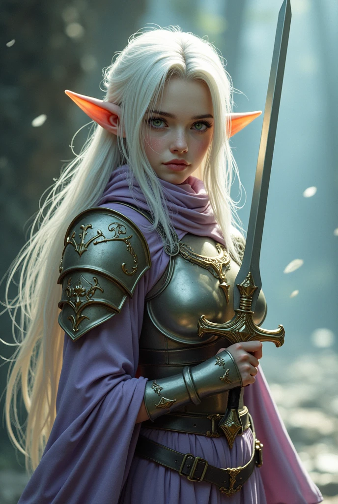 Final Fantasy game theme. Image of a 35 year old white haired elf standing holding her favorite sword.glowing green eyes, He wore light armor in gold and violet., pastel colours, and dramatic tones. A masterpiece with the highest resolution. , Surrealist image type