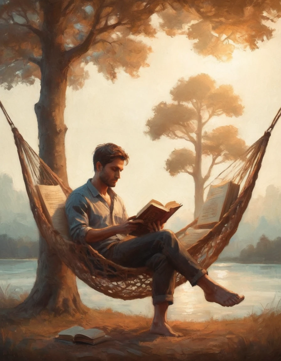 Hyperreal digital art style, "Fairytale", fantasy world coming out of centered book, open book, hyperdetailed double exposure fantasy illustration, masterpiece, cinematic, by Andreas Lie, Luke Gram, photorealism, backlit, gorgeous light, a man resting in a hammock reading a book