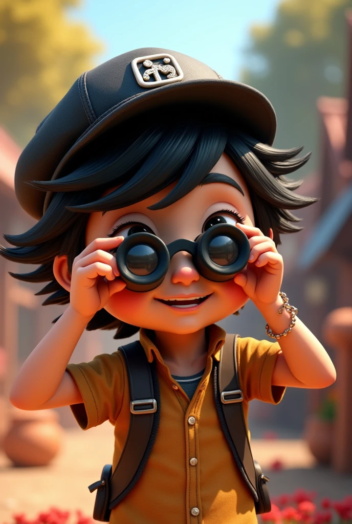 disney pixar 3d character of a fair-skinned boy with a black cap and looking through binoculars
, (best quality, ultra-detailed, realistic:1.37), vibrant colors, studio lighting, [3d rendering], [captivating expression], [playful pose], [outdoor environment], [attention to facial details], [lively background], [impressive artwork], [expressive eyes], [youthful energy], [detailed outfit], [distinctive black hair], [focus on camera], [playful atmosphere], [vivid colors], [dynamic composition], [attention to lighting and shadows], [engaging narrative], [creative exploration], [fantasy-inspired], [whimsical touch], [inspiration from Disney Pixar aesthetics], [magic in the air], [exciting adventure], [enthusiastic expression], [dynamic perspective], [joyful spirit], [captivating storytelling], [impressive detail in surrounding objects], [attention to textures and materials], [charming atmosphere], [captivating character design], [emphasis on facial features], [professional quality], [artistic finesse], [attention to depth and dimension], [playful interaction with the camera], [immersive experience], [expressive gestures], [energetic movement].