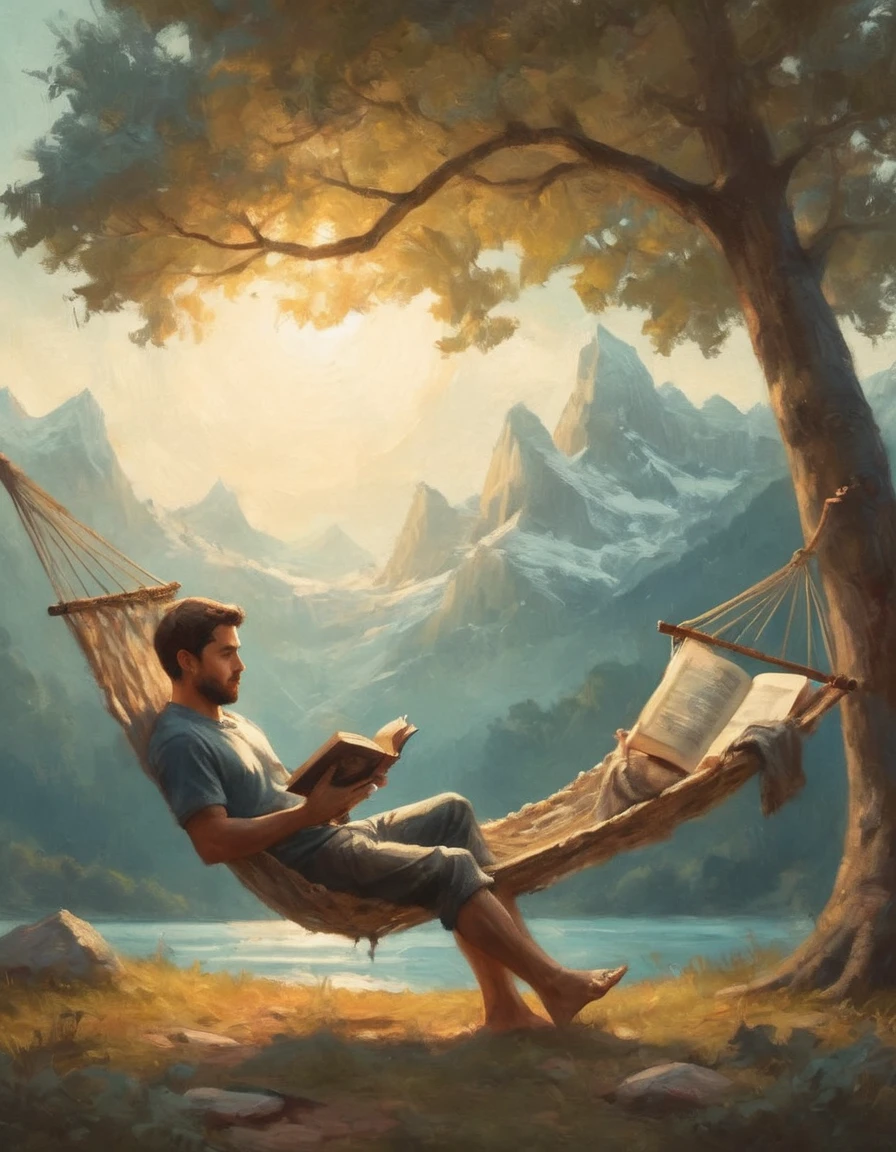 Hyperreal digital art style, "Fairytale", fantasy world coming out of centered book, open book, hyperdetailed double exposure fantasy illustration, masterpiece, cinematic, by Andreas Lie, Luke Gram, photorealism, backlit, gorgeous light, a man resting in a hammock reading a book
