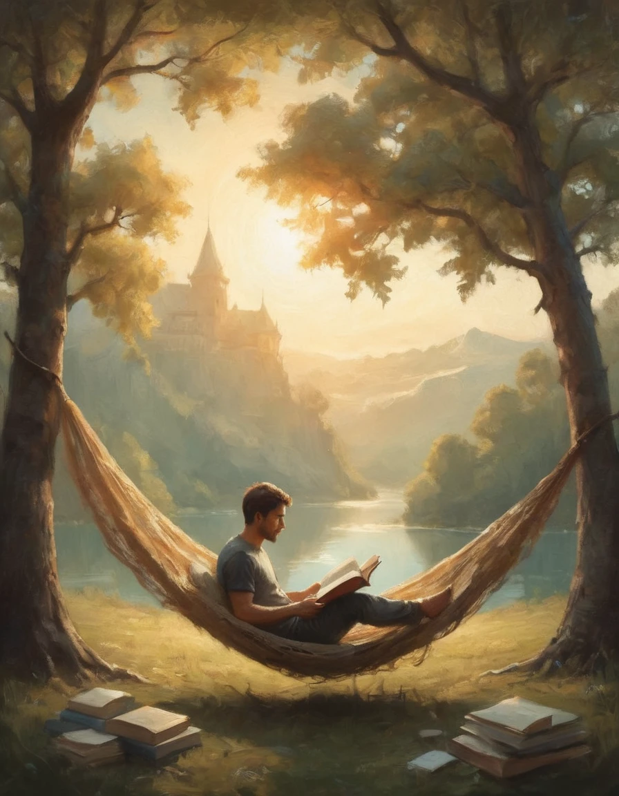 Hyperreal digital art style, "Fairytale", fantasy world coming out of centered book, open book, hyperdetailed double exposure fantasy illustration, masterpiece, cinematic, by Andreas Lie, Luke Gram, photorealism, backlit, gorgeous light, a man resting in a hammock reading a book
