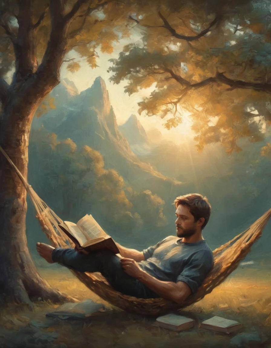 Hyperreal digital art style, "Fairytale", fantasy world coming out of centered book, open book, hyperdetailed double exposure fantasy illustration, masterpiece, cinematic, by Andreas Lie, Luke Gram, photorealism, backlit, gorgeous light, a man resting in a hammock reading a book
