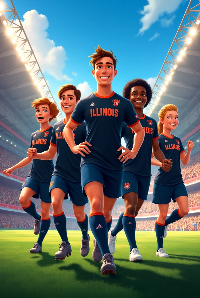 Disney style movie cover of a soccer team with the name of "ILLINOIS" with players in black uniforms with blue details