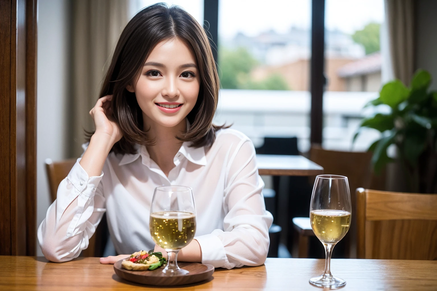 ((Highest quality、8k、masterpiece:1.3))、slimカップル、modelカップル、(Realistic, Intricate details:1.2), Japanese food、Buckwheat、Japanese sake、Shochu 、Amazing view of the sunset sky and clouds、A bright smile、The wonderfulness of smile、Bright image、Beautiful Face, blue eyes, The light shines on your face, blush, short hair,Bright Face、 (Age 37), Age 34, sparkling wine、Two beauties、Brown Hair、Shortcuts、Long sleeve shirt、dress、Beautiful woman 1, (slimな顔), (The body is slim), (Brown Hair), (Shortcuts), cheeks turn a little red,Attractive beauty、restaurant, In a prominent place (From the waist up) Nova Frog Style, actress, model, Upper Body, White wine, slim, smile, (smile: 1.15), Beautiful fine grain, Depth f/2,saturation, High Contrast, Strong light and shadow,Moist Body:1.5、3D texture、Delicate eyes、Brown Hair、The hair is very shiny、