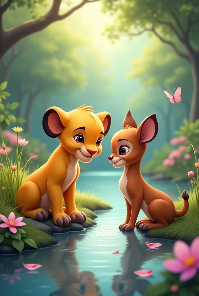 Cute Simba and cute dear drink a river water