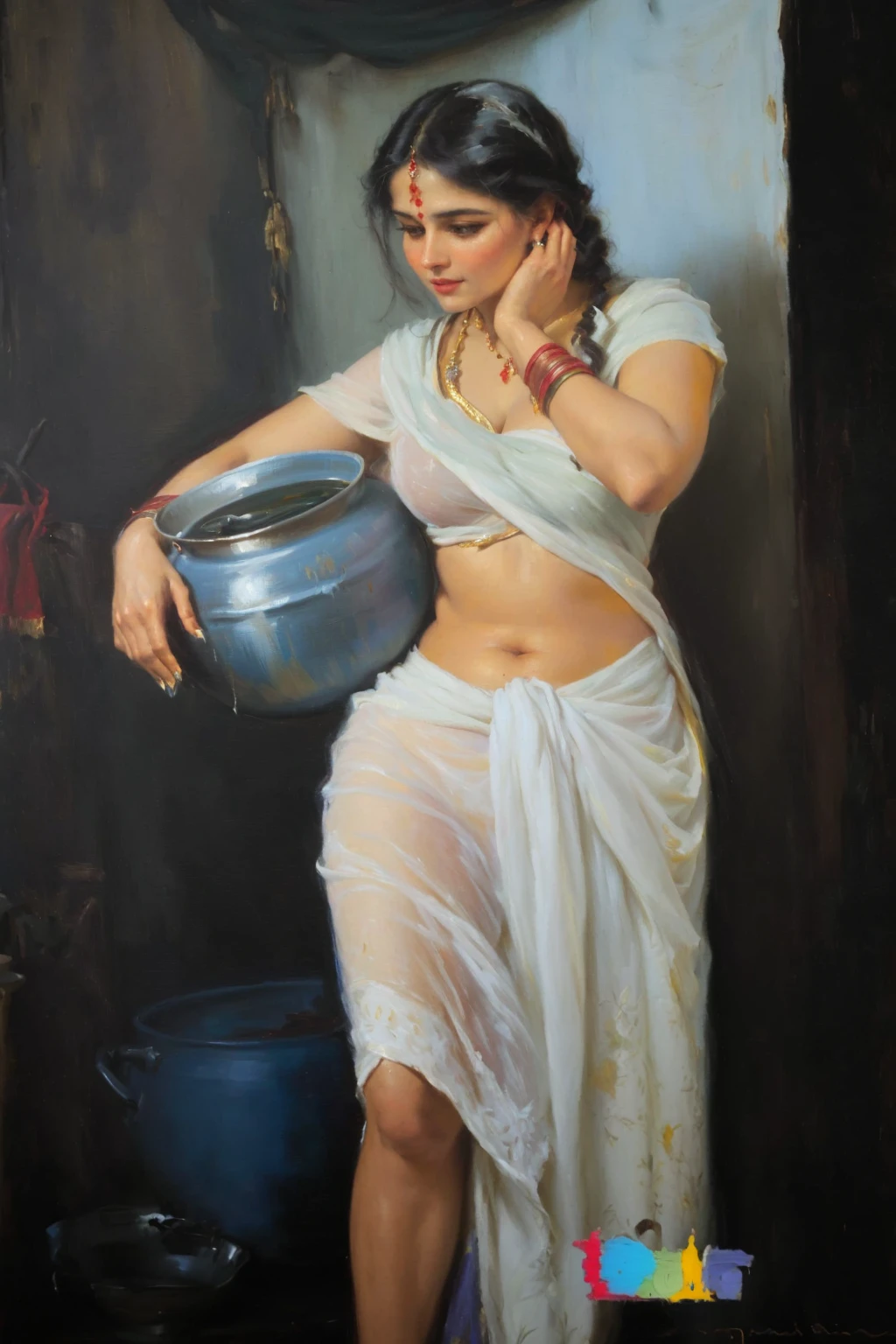 painting of a woman in a sari holding a pot, oil on canvas painting, oil canvas, oil on canvas, oil painting on canvas, traditional beauty, inspired by Raja Ravi Varma, oil panting on canvas, painting oil on canvas, oil - painting, oil-painting, oil painting, oil art, oil panting, an oil on canvas painting
