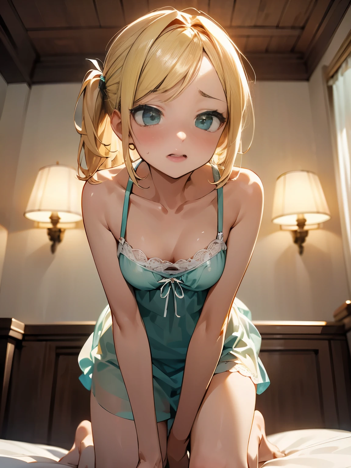 (looking upsideforward view:1.3), solo, cute,pastel green upside hairstyle, parted bangs, sexy eyeliner, pastel yellow color nightgown, collarbone, blush, embarrassing, (pastel yellow color see-through), pastel marinblue color lace trimming, (embarrassed and surprised expression), (I'm the main character:1.2), quietly, indoors, bedroom, bed, kneeling on bed, theater lights,
