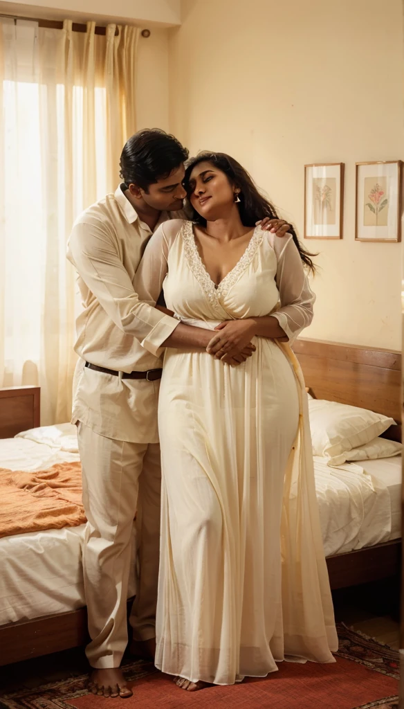 South Indian women, hugging a man in bed room, wearing cream colour chiffon nighty 