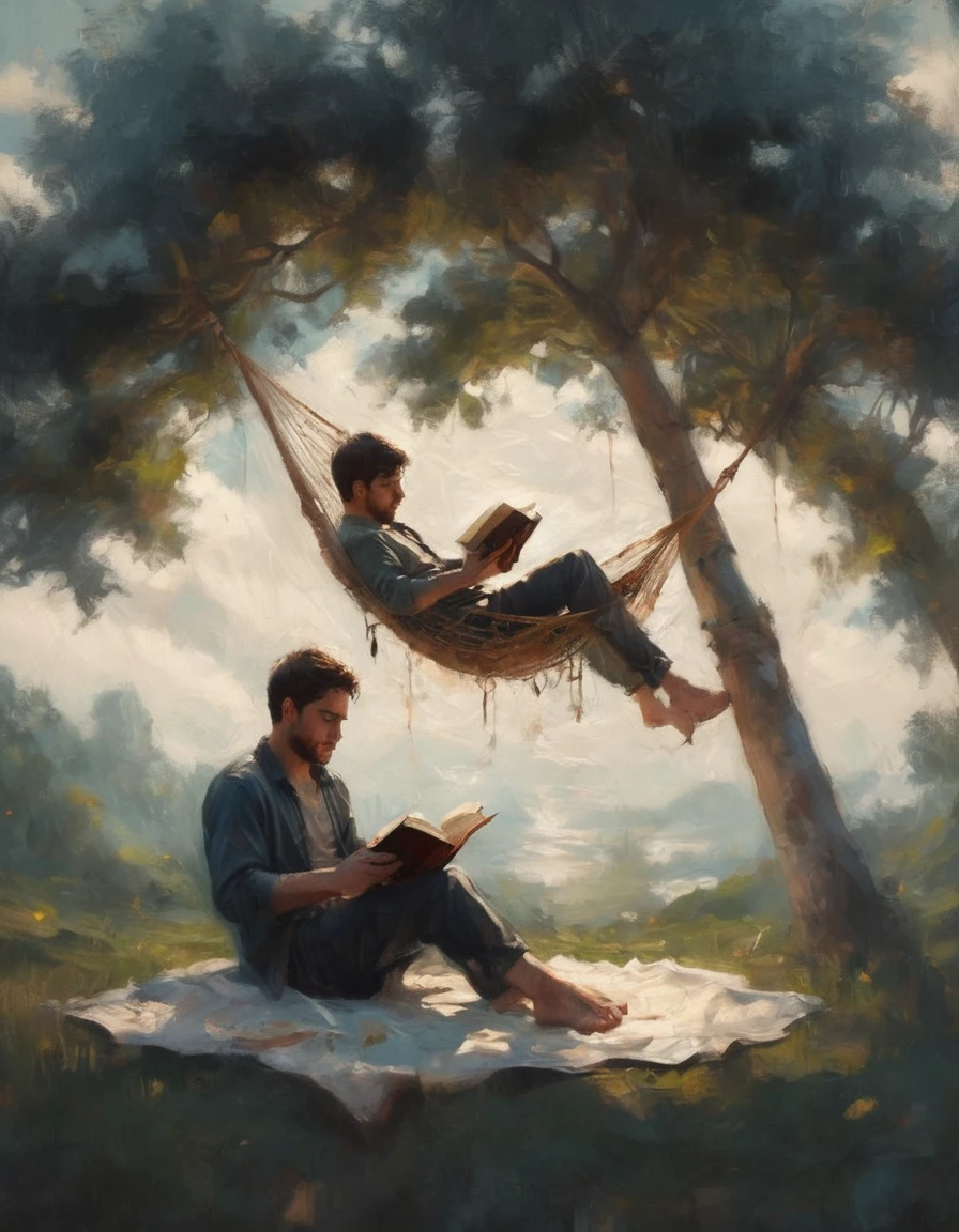 Hyperreal digital art style, "Fairytale", fantasy world coming out of centered book, open book, hyperdetailed double exposure fantasy illustration, masterpiece, cinematic, by Andreas Lie, Luke Gram, photorealism, backlit, gorgeous light, a man resting in a hammock reading a book
