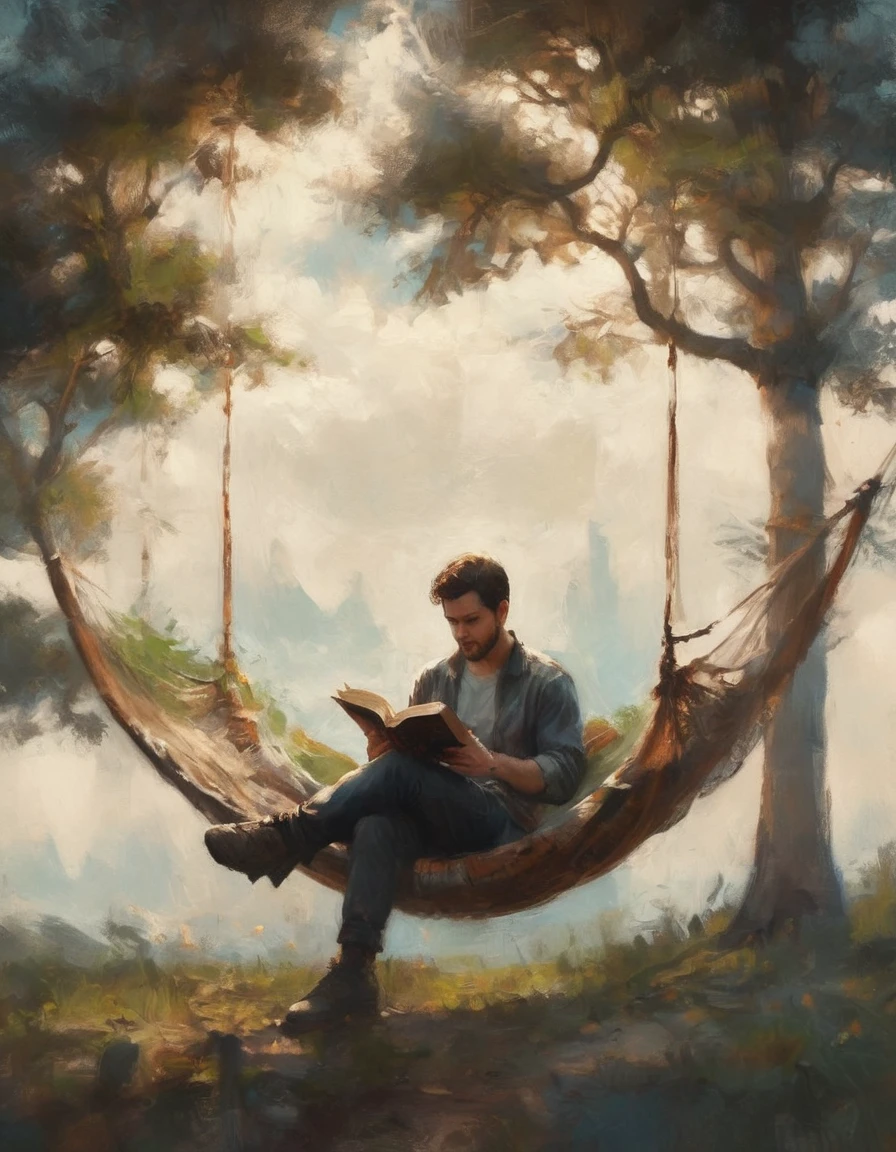 Hyperreal digital art style, "Fairytale", fantasy world coming out of centered book, open book, hyperdetailed double exposure fantasy illustration, masterpiece, cinematic, by Andreas Lie, Luke Gram, photorealism, backlit, gorgeous light, a man resting in a hammock reading a book
