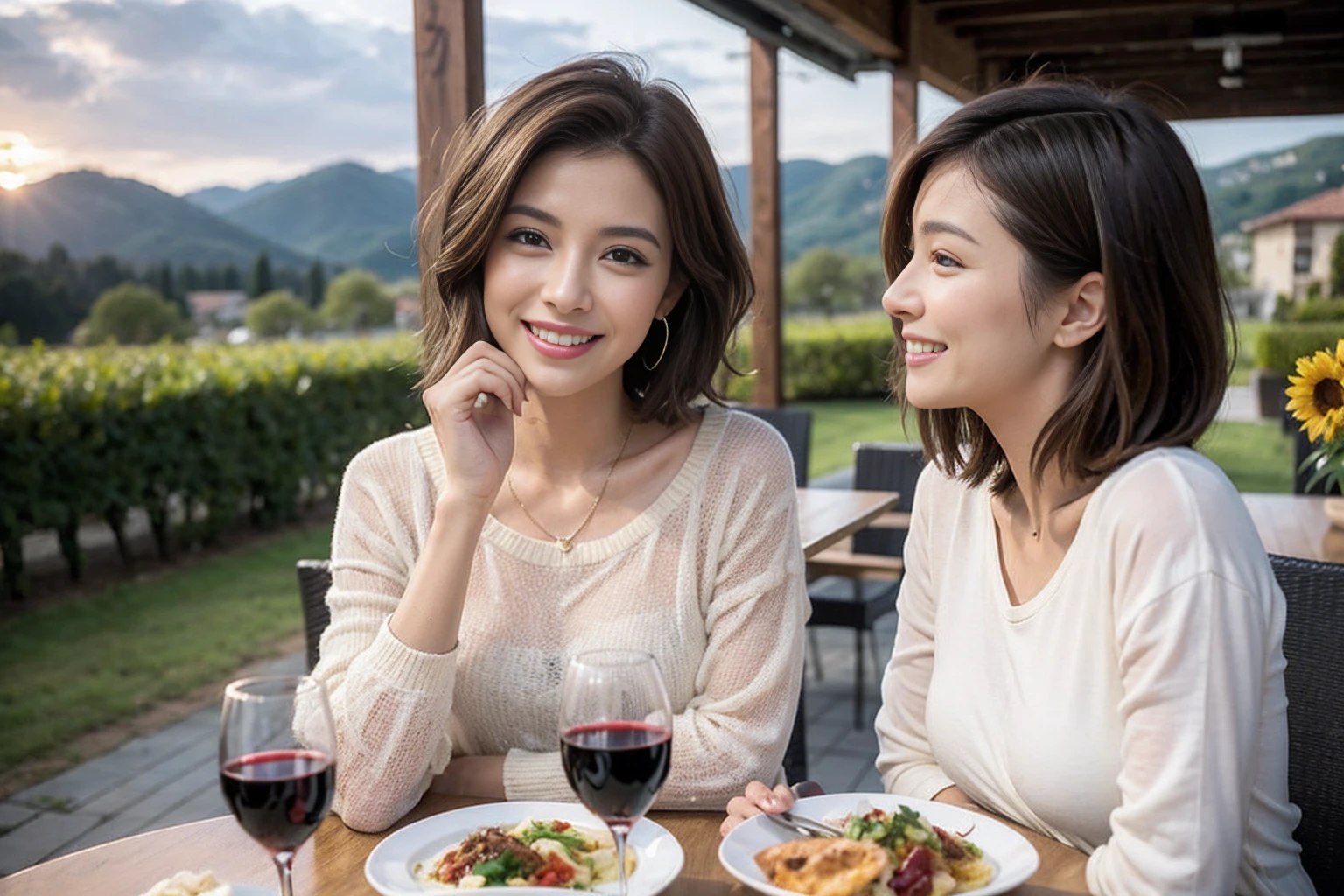 （Realistic:1.1）,(masterpiece,Highest quality)，8k,(49 years old), 53 years old, ベリーslimボディ、slimカップル、Tight waist,Upper Body,full-course dinner、wine 、Amazing view of the sunset sky and clouds、Perfect Anatomy, Brown Hair, short hair,Random Hairstyles,((Highly detailed face and eyes:1.2))，Perfect golden ratio face，Long sleeve shirt、dress,(smile:1.2)、Shortcuts、cute、(Realistic, Intricate details:1.2), A bright smile、short hair,Bright Face、赤wine 、Appetizers、Italian food、wine bottle、Champagne、スパークリングwine、(slimな顔), (The body is slim), (Brown Hair), (Shortcuts),  Upper Body, 白wine, slim, wineグラス, 