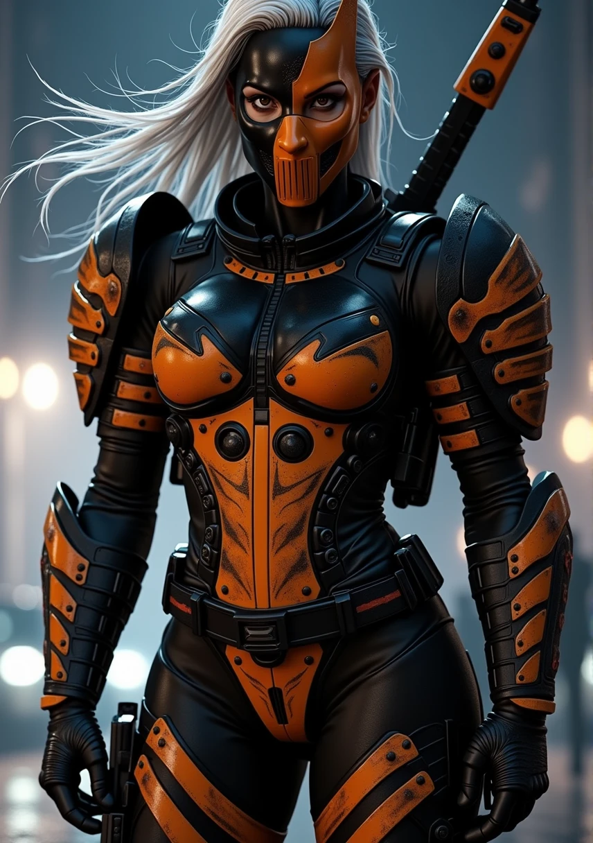 (wide Shot)A woman dressed like “Deathstroke” from Batman,white long hair, in a black and orange symetric tactical armor suit. The suit is made of Kevlar and ballistic plates and features numerous pockets and holsters for their weapons. She wears a half black, half orange full mask,which covers the whole face except for one eye . She is armed with a long sword with a tight Blade, 1 modified assault rifle, a pistol and explosives. Her arms and legs are protected by additional pieces of armor and she wears heavy boots and armored gloves. The scene is dark and intense, emphasizing her menacing and intimidating appearance. --ar 9:16 --stylize 750 --v 6 --chaos 25,(masterpiece, sidelighting, finely detailed beautiful eyes: 1.2), hdr, realistic, high definition,