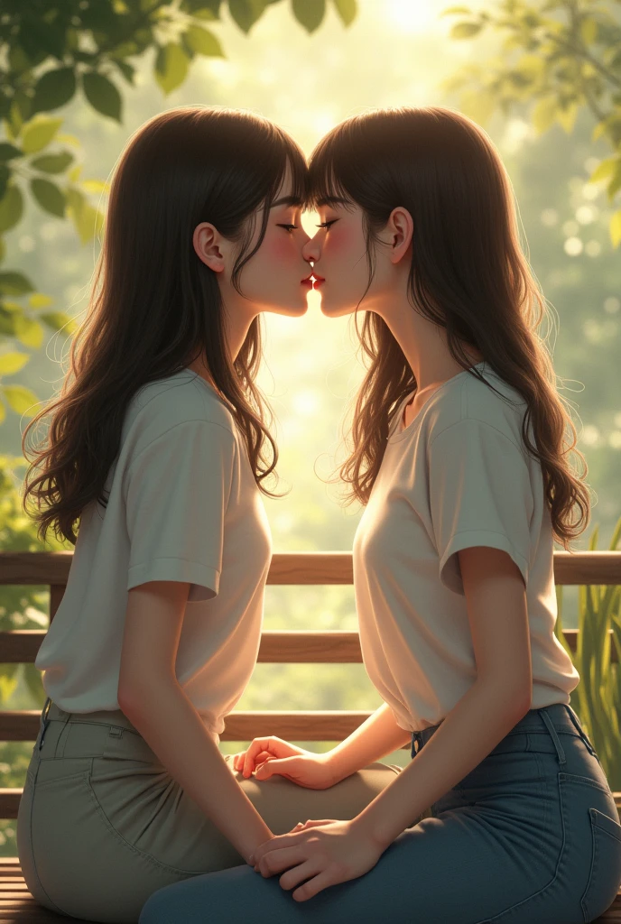 Creat a realistic image of two girls sitting on a bench kissing eachother and wearing white tops