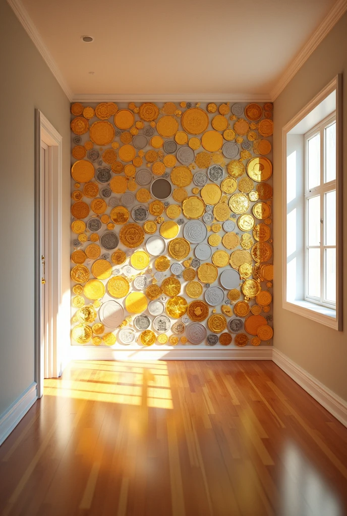 Please draw an nft that os a room with crypto coins hanged on its Walls