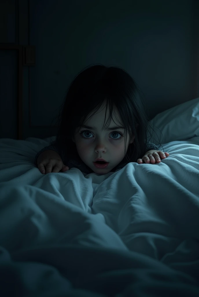 A girl looking under her bed with so much fear in her face at night and under the bed is so dark 