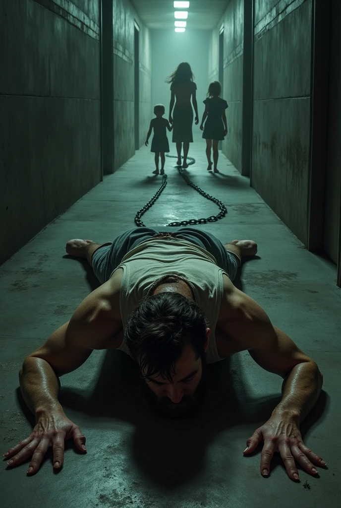Man lying on the ground face down, crawling trying to get on a corridor with light at the end, trying to follow the shadows of a woman accompanied by a boy and a girl, The man is malnourished, dirty beard and mustache, The man is chained to alcohol and drugs from which the shadow of clawed hands emerges, holding the chain to the present, he is chained